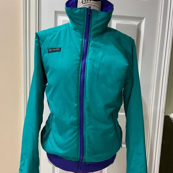 ICONIC 80’s RETRO BOMBER JACKET COLUMBIA REVERSIBLE DISCO PURPLE/TEAL Sz S - Picture 6 of 16